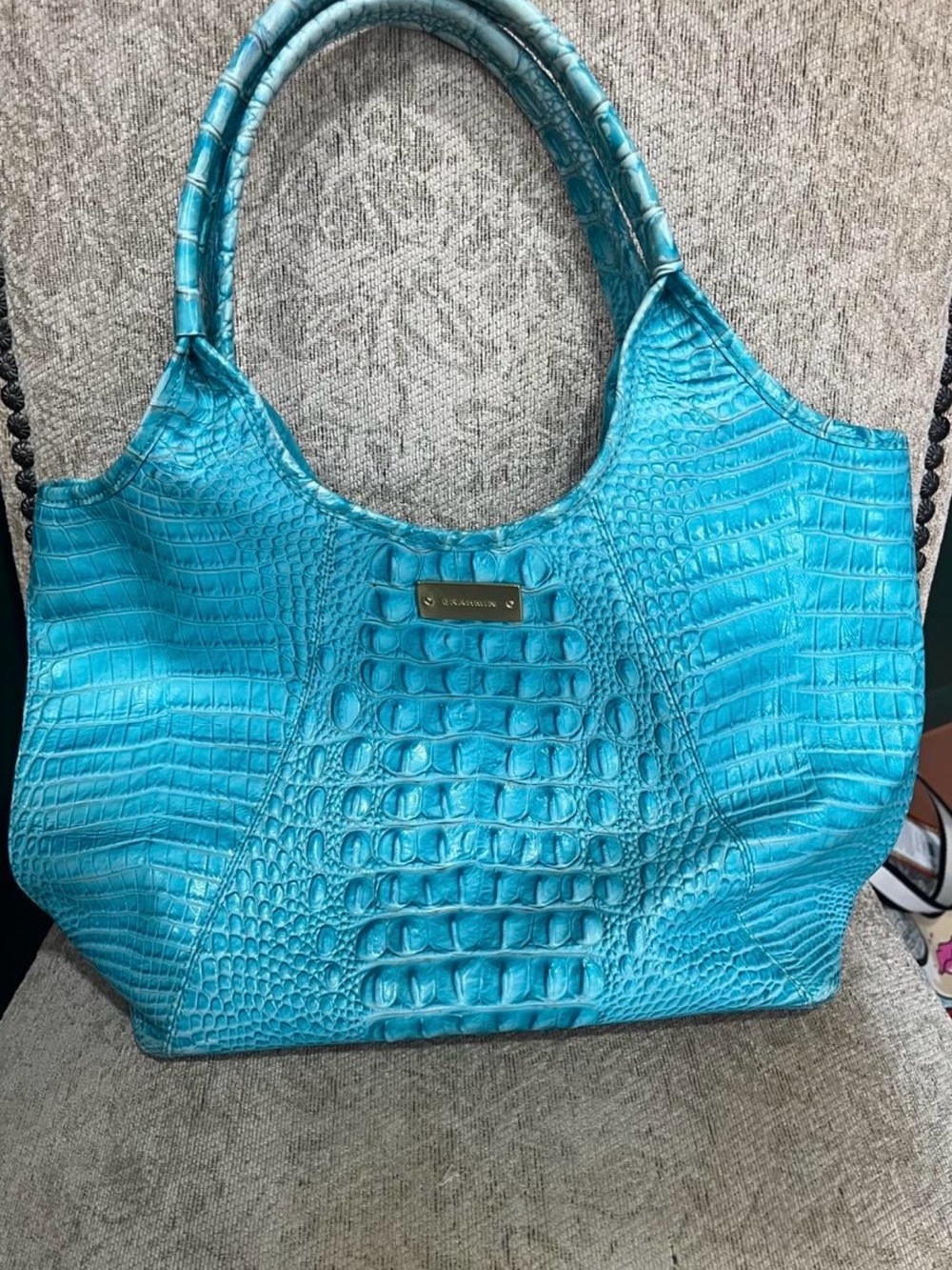 Brahmin Turquoise Croc-Embossed Leather Shoulder Bag
